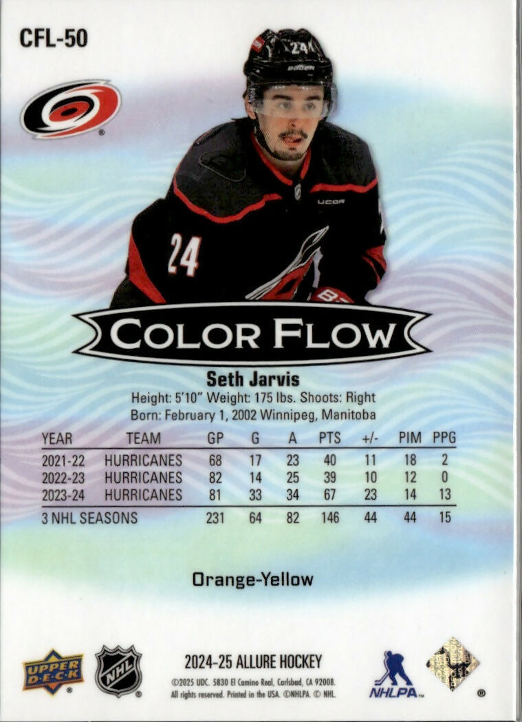 2024-25 Upper Deck Allure Hockey - Color Flow - Orange-Yellow Spectrum #CFL-50 Seth Jarvis - Carolina Hurricanes - B