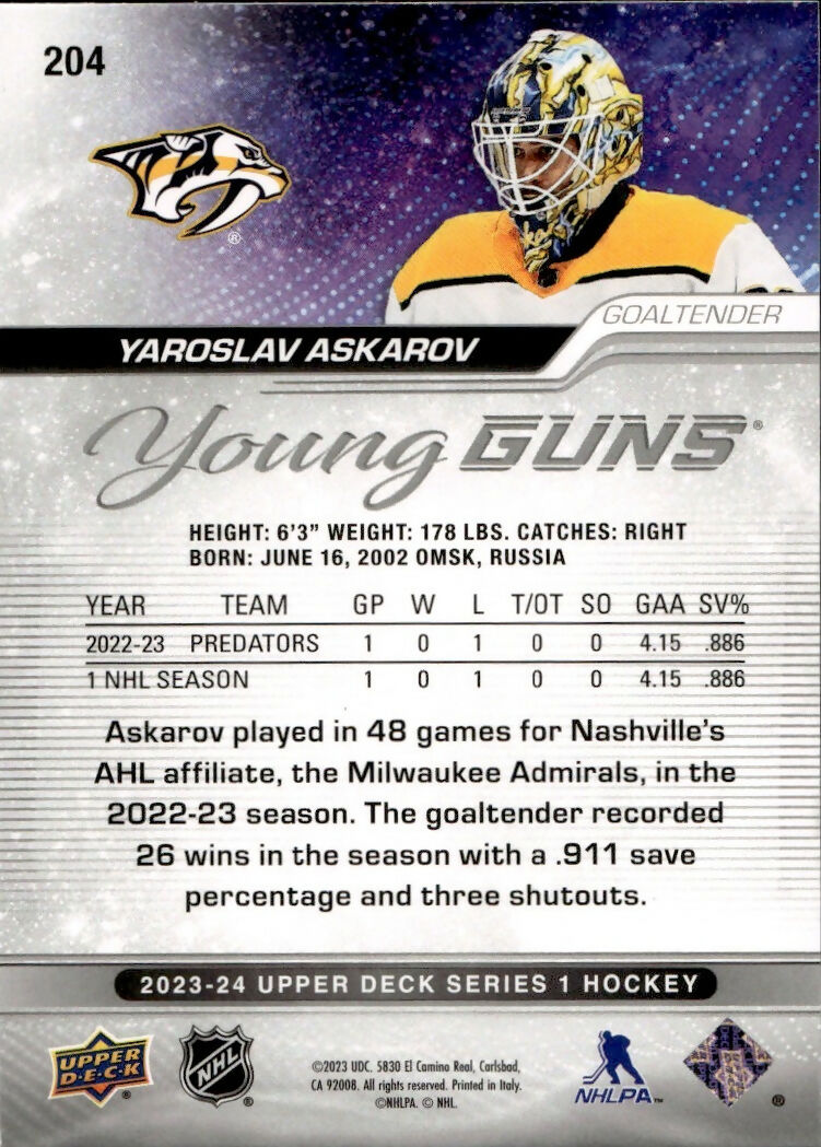 2023-24 Upper Deck Series 1 Hockey - Base - Young Guns #204 Yaroslav Askarov - Nashville Predators - B
