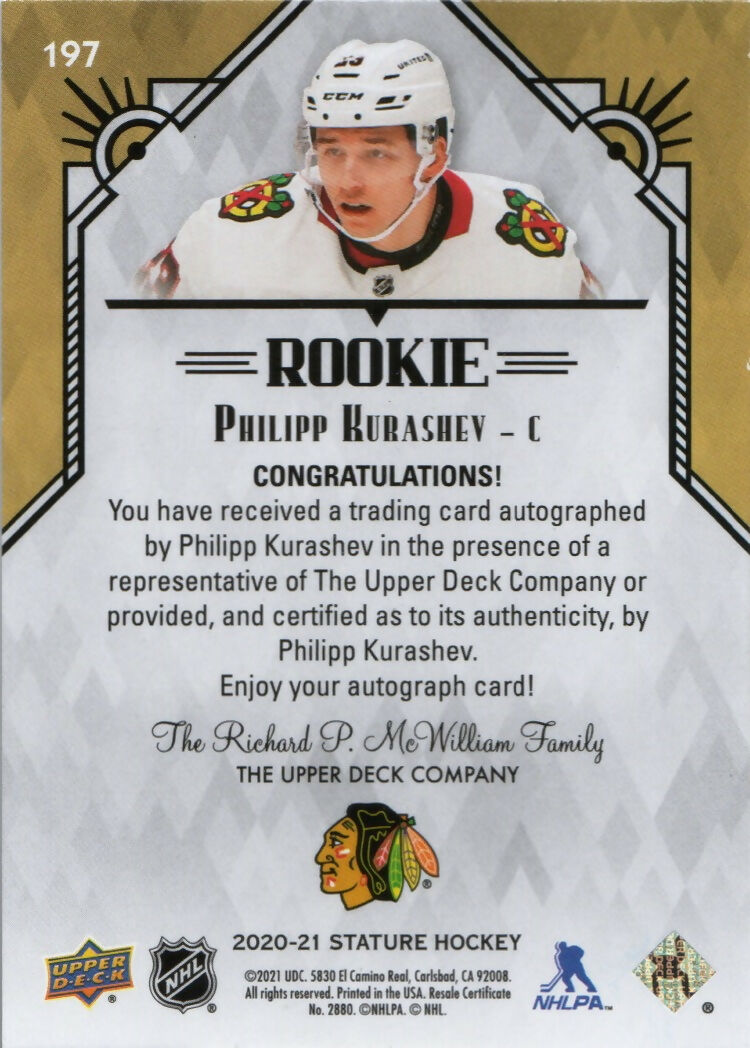 2020-21 Upper Deck Stature - Base - Rookie Autographs :199 #197 Philipp Kurashev - Chicago Blackhawks - B