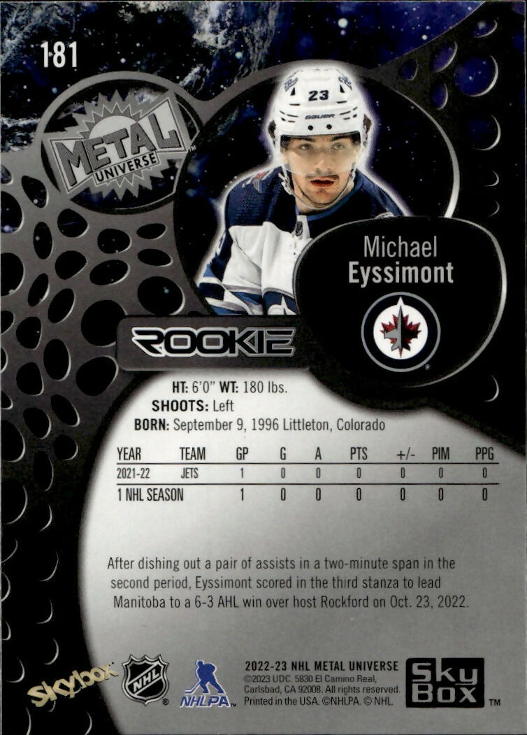 2022-23 Upper Deck Skybox Metal Universe - Base - Rookie #181 Michael Eyssimont - Winnipeg Jets - B
