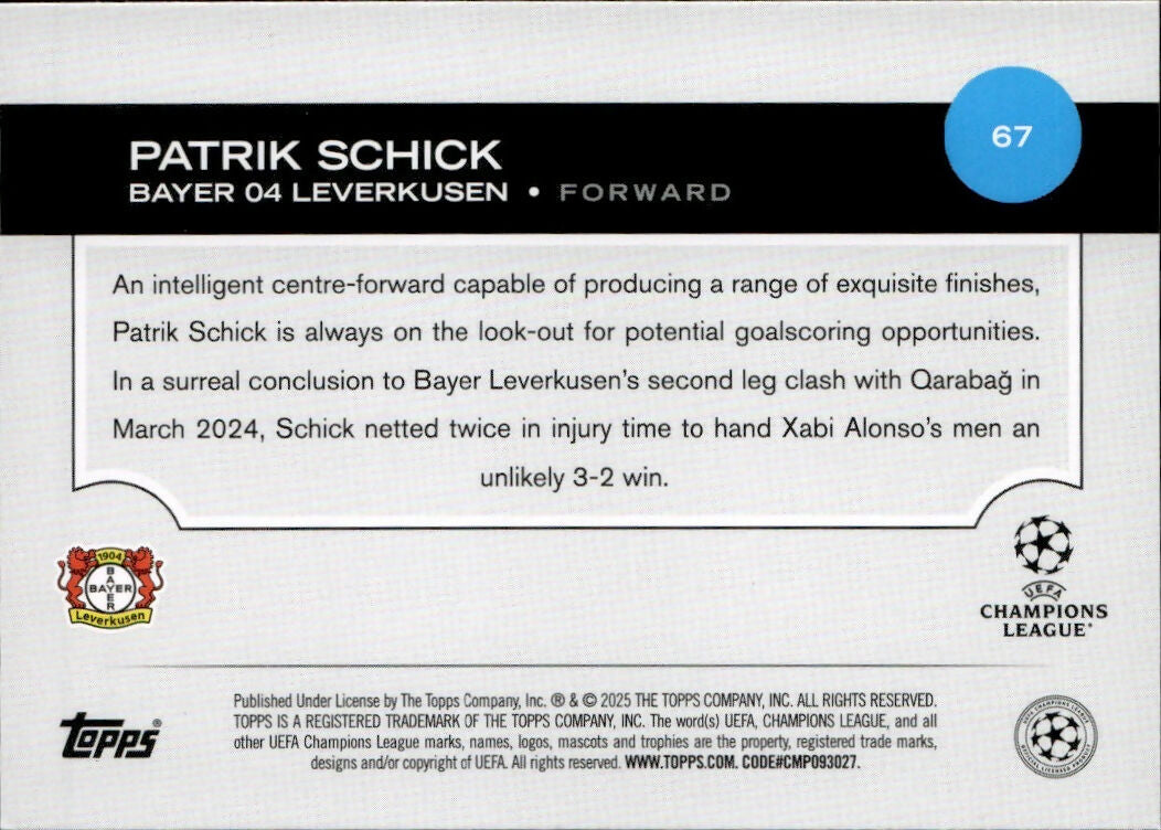 2024-25 Topps UEFA Club Competitions - Base #67 Patrik Schick - Bayer 04 Leverkusen - B