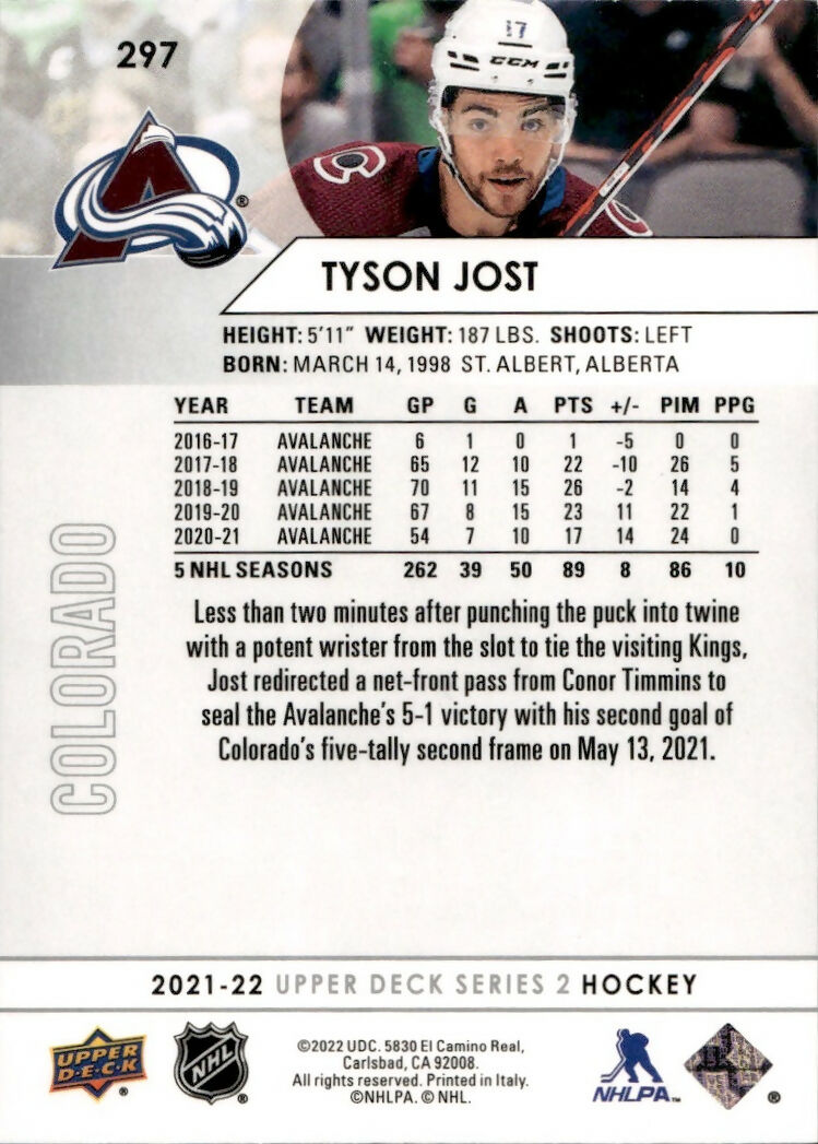 2021-22 Upper Deck Series 2 Hockey - Base #297 Tyson Jost - Colorado Avalanche - B