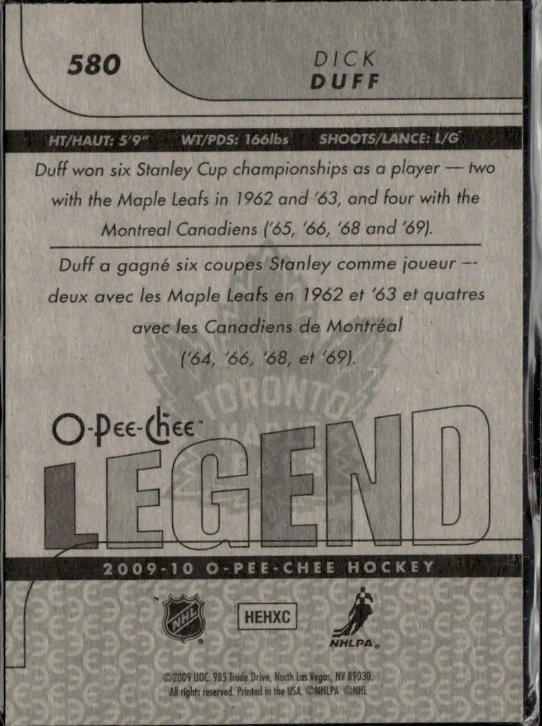 2009-10 O-Pee-Chee - Base - Legend #580 Dick Duff - Toronto Maple Leafs - B