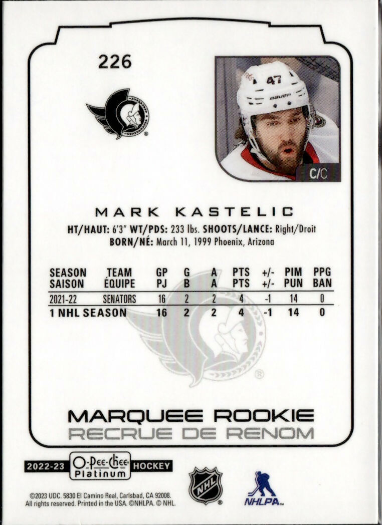2022-23 Upper Deck O-Pee-Chee Platinum Hockey - Base - Marquee Rookie #226 Mark Kastelic - Ottawa Senators - B