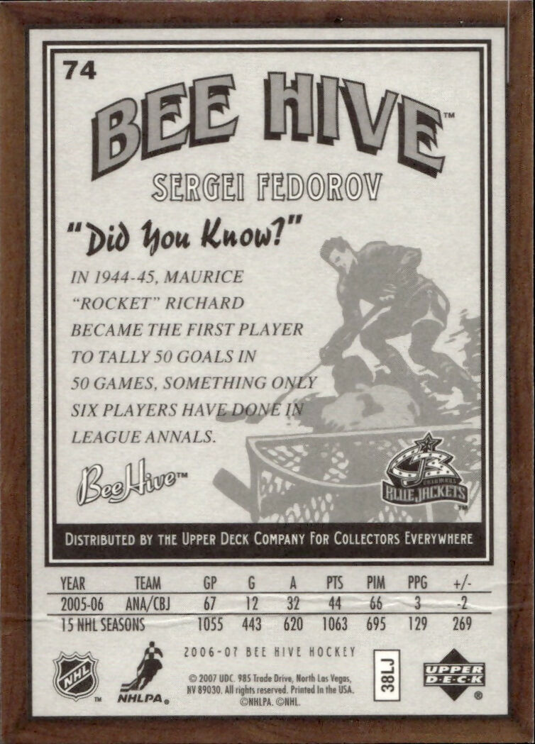 2006-07 Upper Deck - Bee Hive Hockey - Base #74 Sergei Fedorov - Columbus Blue Jackets - B
