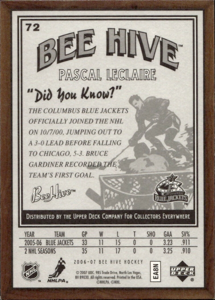 2006-07 Upper Deck - Bee Hive Hockey - Base #72 Pascal Leclaire - Columbus Blue Jackets - B