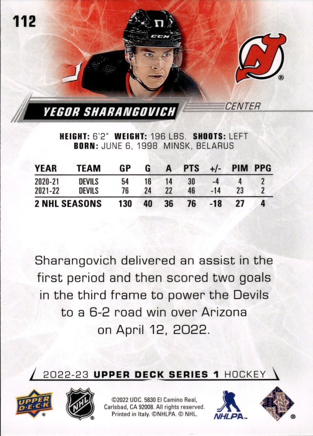 2022-23 Upper Deck Series 1 Hockey - Base #112 Yegor Sharangovich - New Jersey Devils - B