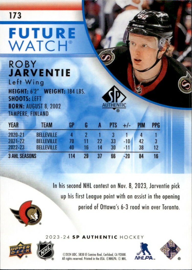 2023-24 Upper Deck SP Authentic Hockey - Base - Future Watch - Blue :399 #173 Roby Jarventie - Ottawa Senators - B