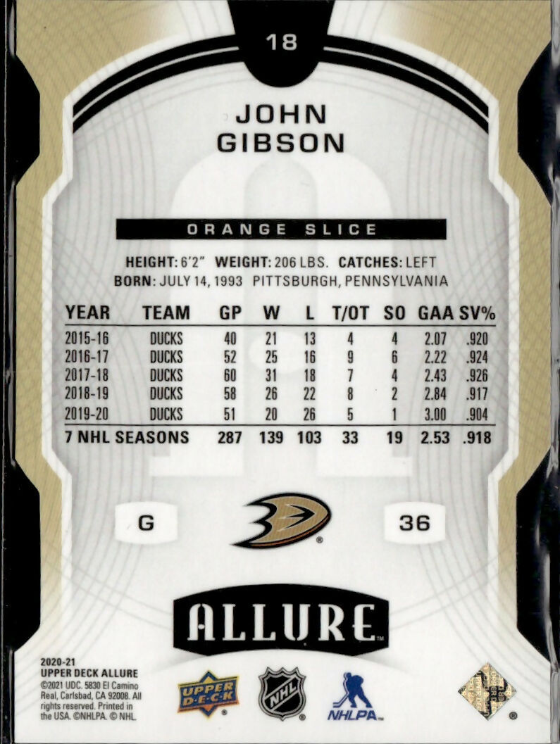 2020-21 Upper Deck Allure Orange Slice #18 John Gibson Anaheim Ducks