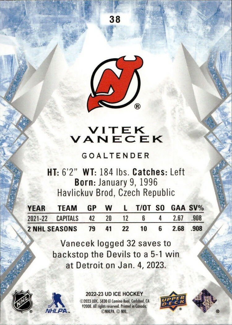 2022-23 Upper Deck Ice Hockey - Base #38 Vitek Vanecek - New Jersey Devils - B
