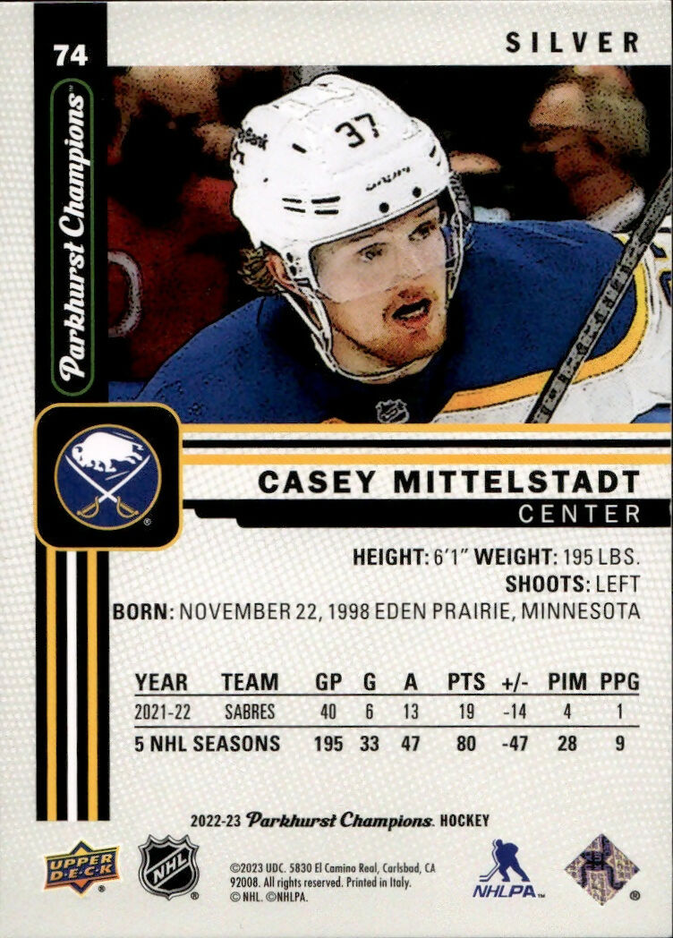 2022-23 Upper Deck Parkhurst Champions - Base - Silver #74 Casey Mittelstadt - Buffalo Sabres - B