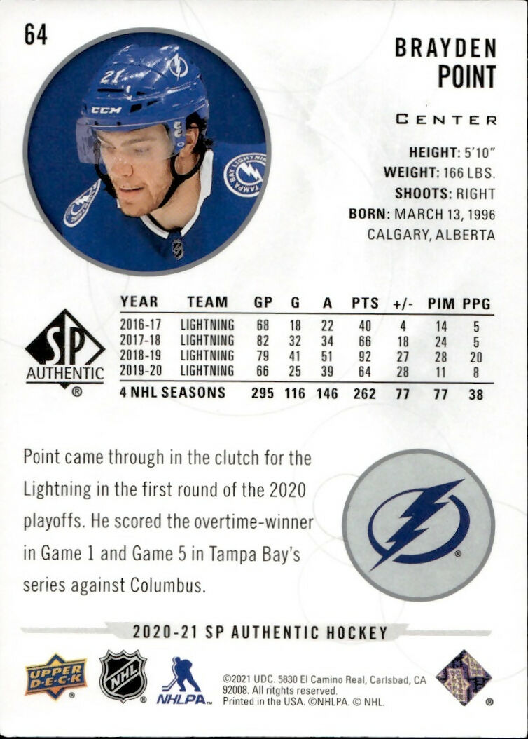 2020-21 Upper Deck Sp Authentic Hockey - Base #64 Brayden Point - Tampa Bay Lightning - B