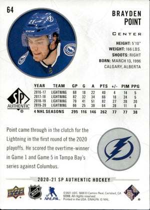 2020-21 Upper Deck Sp Authentic Hockey - Base #64 Brayden Point - Tampa Bay Lightning - B