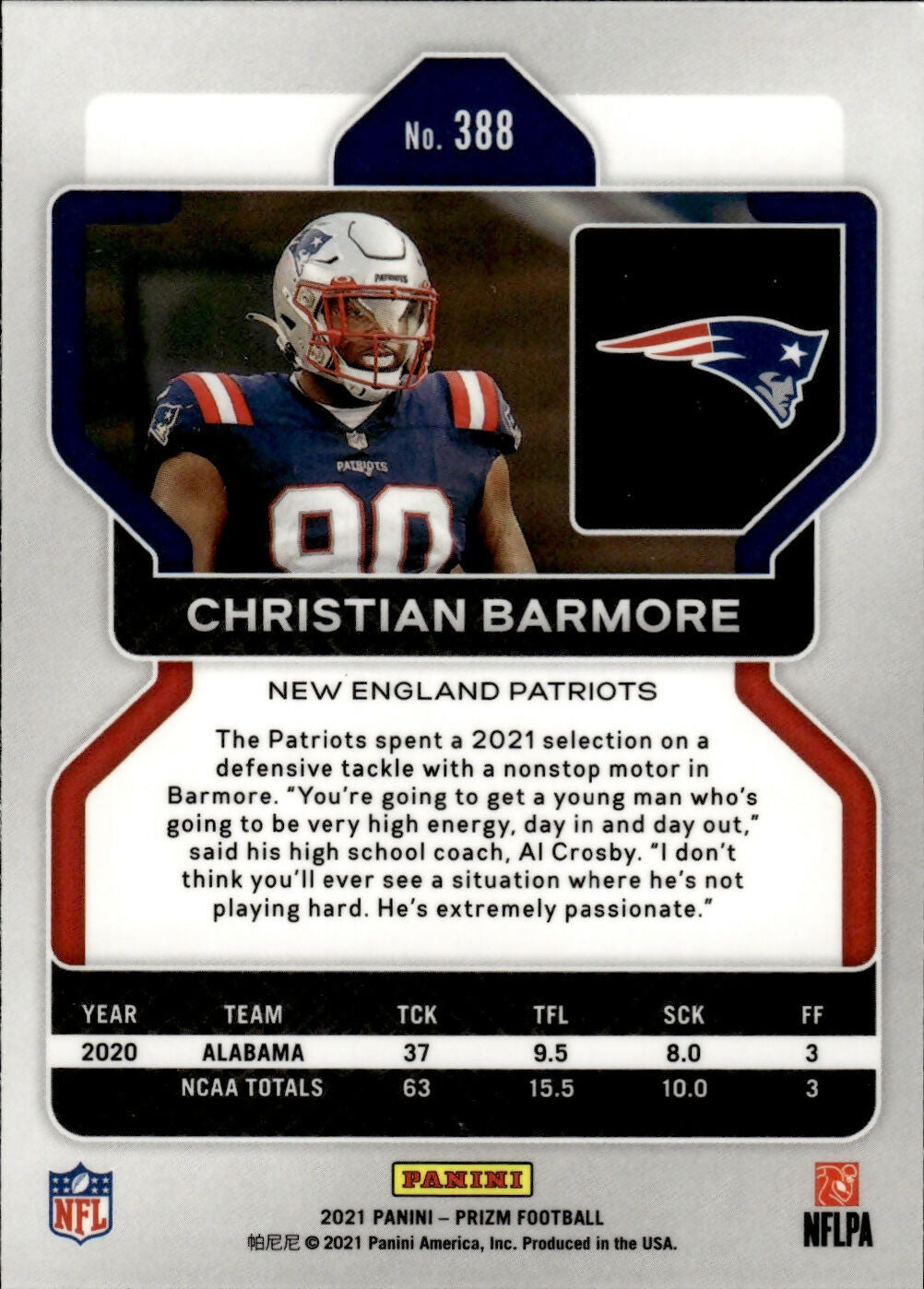 2021 Panini Prizm Football Base #388 Christian Barmore RC New England Patriots - B