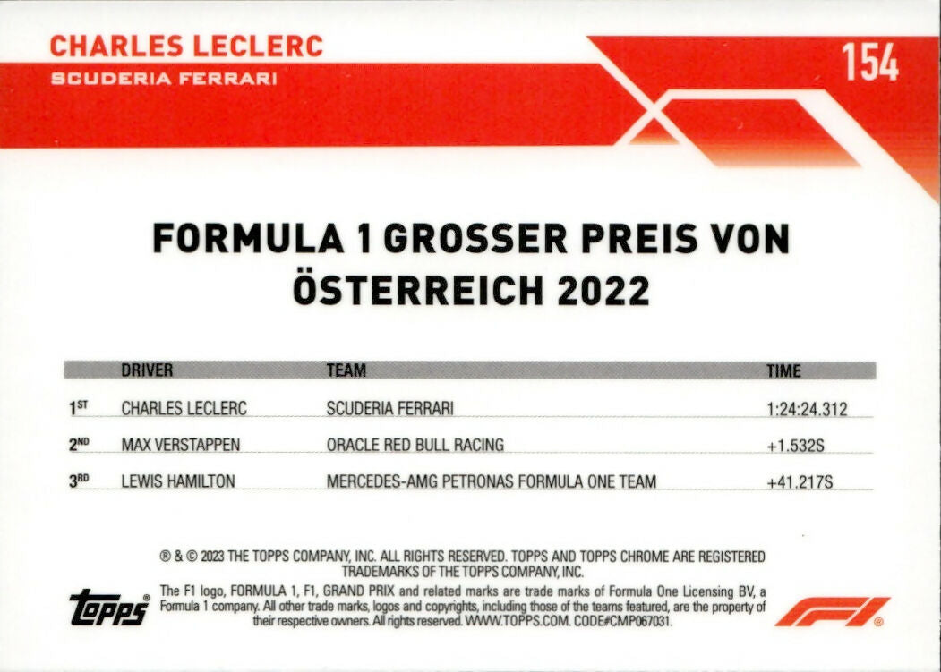 2023 Topps Chrome Formula 1 Base #154 - Grand Prix Winners - Refractor - Purple :399 Charles LeClerc - Scuderia Ferrari - B