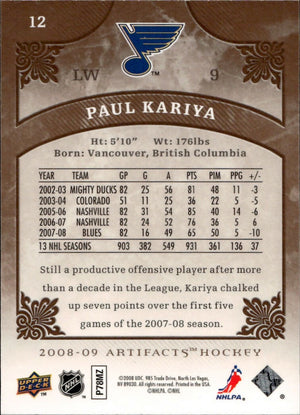 2009-09 Upper Deck Artifacts  - Base #12 Paul Kariya - St. Louis Blues - B