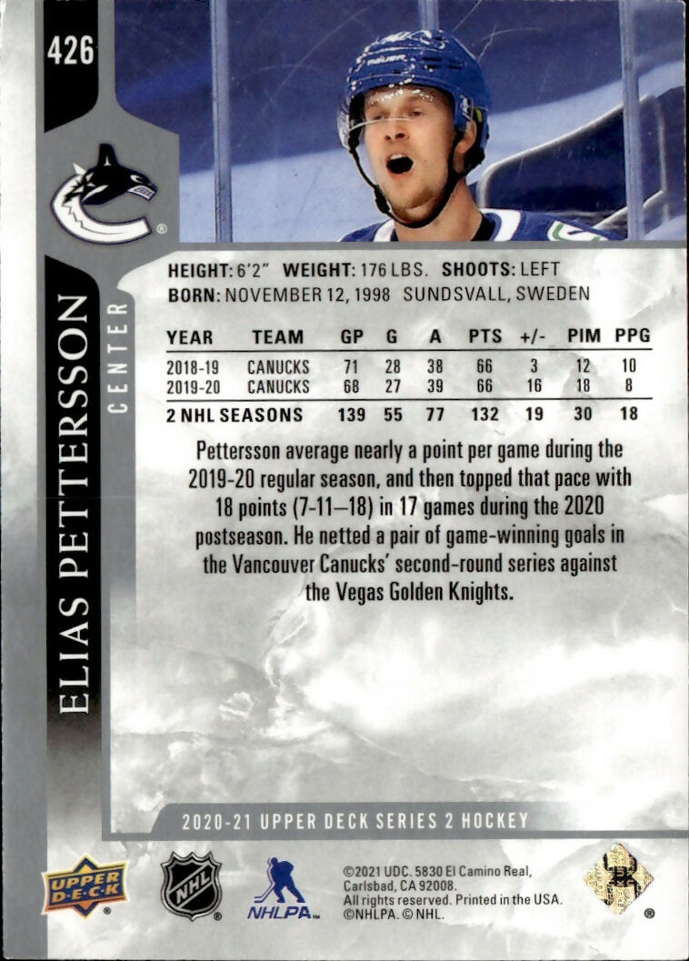 2020-21 Upper Deck Series 2 Hockey - Base #426 Elias Pettersson - Vancouver Canucks - B