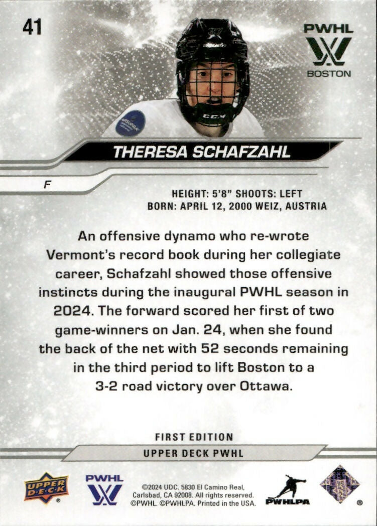 2024-25 Upper Deck PWHL Hockey - Base #41 Theresa Schafzahl - Boston Fleet - B