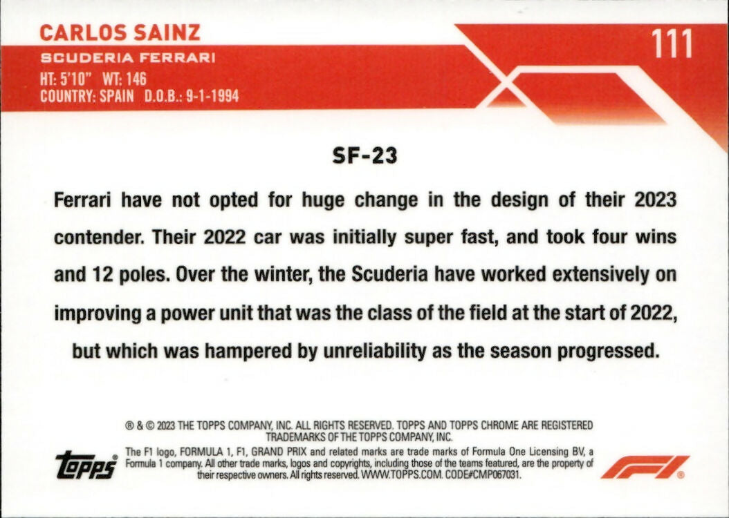 2023 Topps Chrome Formula 1 Base #111 - F1 Cars Carlos Sainz - Scuderia Ferrari - B