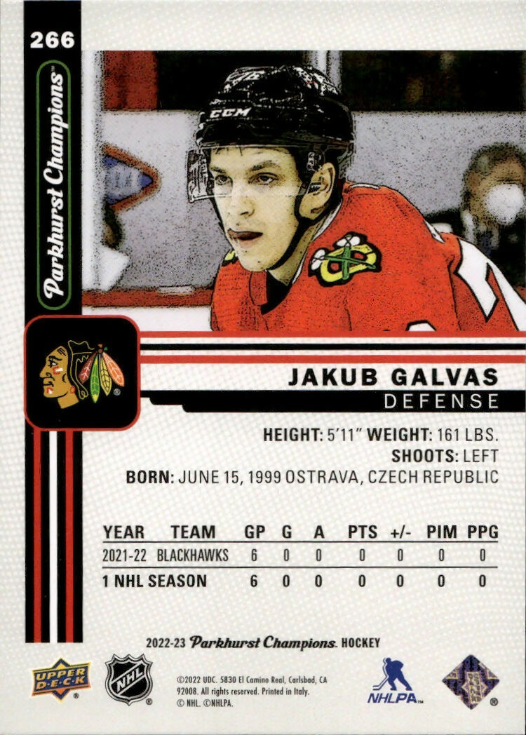 2022-23 Upper Deck Parkhurst Champions - Base #266 Jakub Galvas - Chicago Blackhawks - B