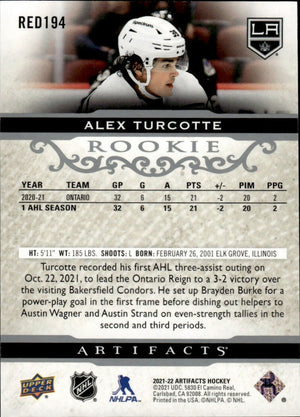 2021-22 Upper Deck Artifacts Hockey - Rookies #RED194 Alex Turcotte - Los Angeles Kings - B