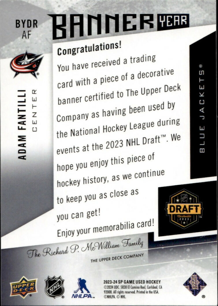 2023-24 Upper Deck SP Game Used Hockey - Banner Year - Draft #BYDR Adam Fantilli - Columbus Blue Jackets - B