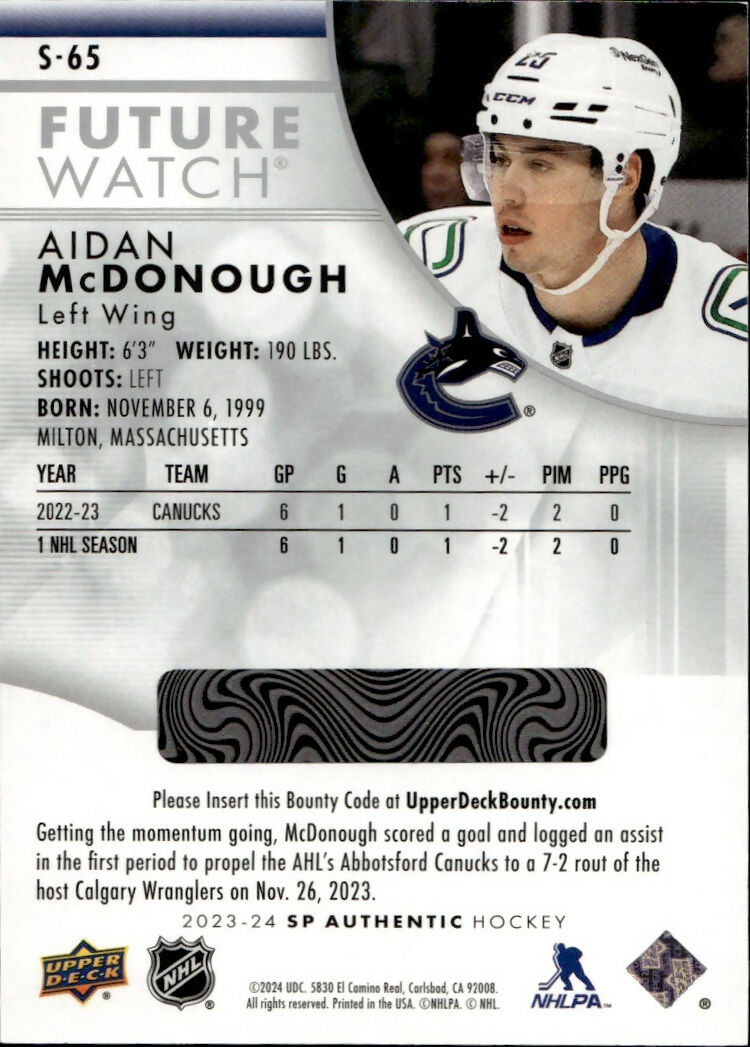 2023-24 Upper Deck SP Authentic Hockey - Future Watch - Spectrum FX #S-65 Aidan McDonough - Vancouver Canucks - B