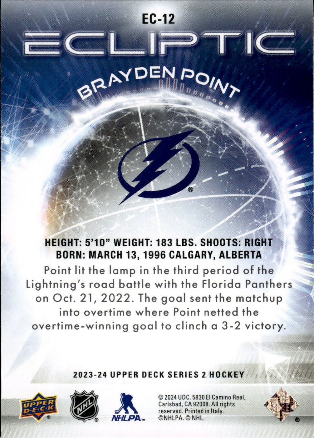 2023-24 Upper Deck Series 2 Hockey - Ecliptic #EC-12 Brayden Point - Tampa Bay Lightning
