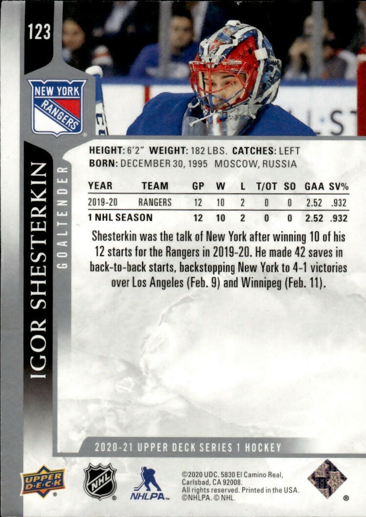 2020-21 Upper Deck Series 1 Hockey #123 Igor Shesterkin - New York Rangers