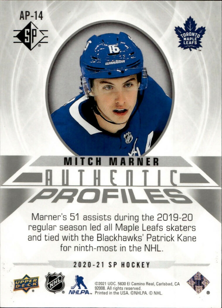 2020-21 Upper Deck SP Authentic Hockey - Authentic Profiles - :1299 #AP-14 Mitch Marner - Toronto Maple Leafs - B