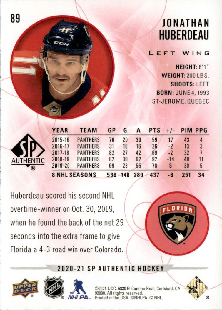 2020-21 Upper Deck SP Authentic Hockey - Base - Red #89 Jonathan Huberdeau - Florida Panthers - B