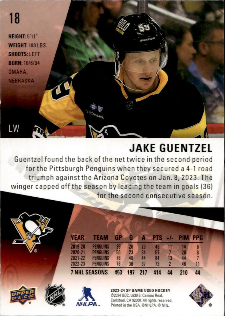 2023-24 Upper Deck SP Game Used Hockey - Base - Red :229 #18 Jake Guentzel - Pittsburgh Penguins - B