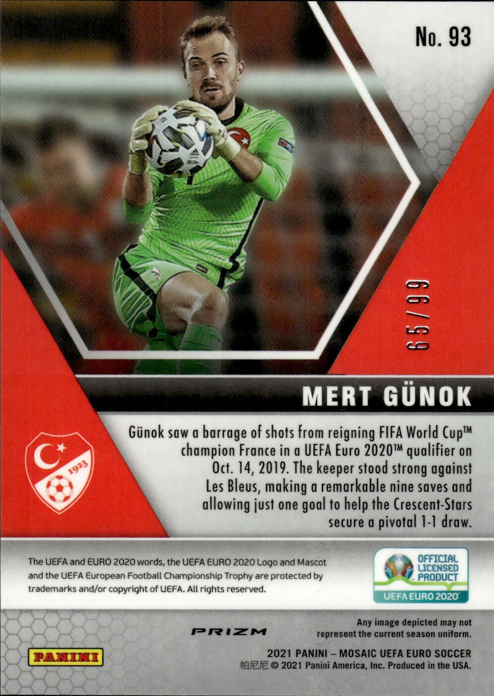 2021 Panini Mosaic UEFA Euro Soccer - Base - Blue Circles Prizm /99 #93 Mert Gunok - Turkey