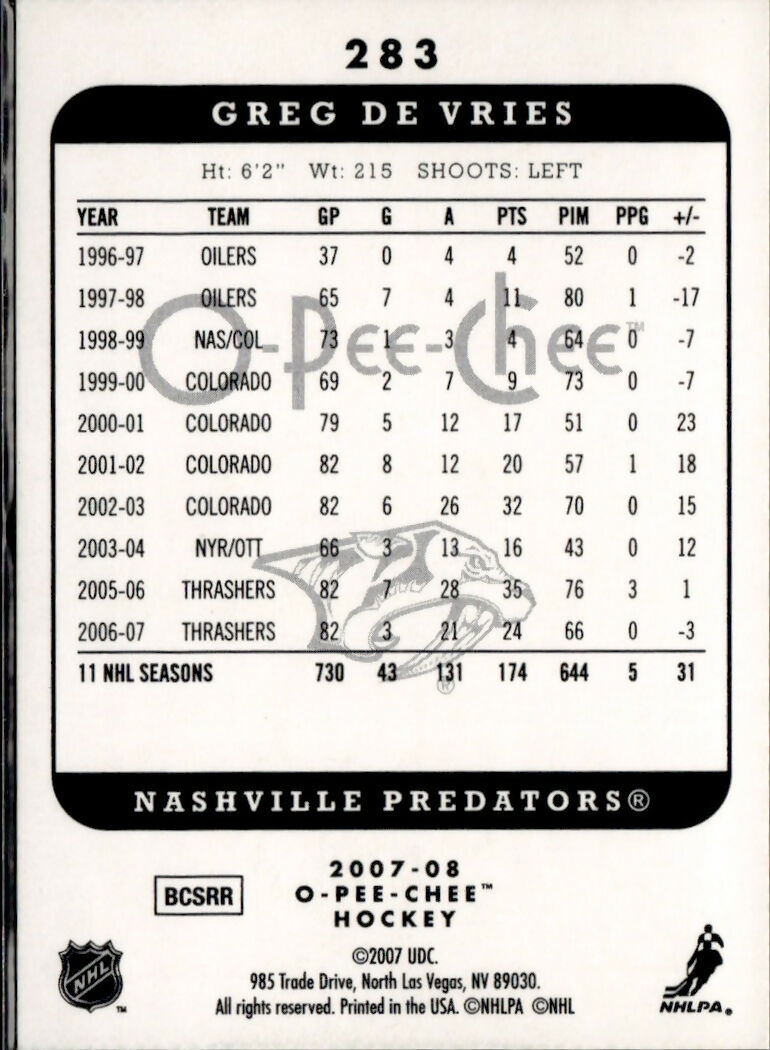 2007-08 O-Pee-Chee - Base #283 Greg De Vries - Nashville Predators - B