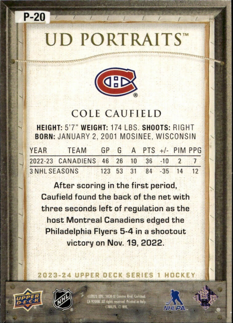 2023-24 Upper Deck Series 2 Hockey - Portraits #P-20 Cole Caufield - Montreal Canadiens - B