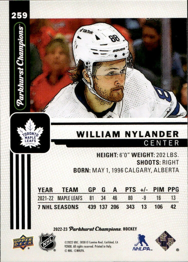 2022-23 Upper Deck Parkhurst Champions - Base #259 William Nylander - Toronto Maple Leafs - B