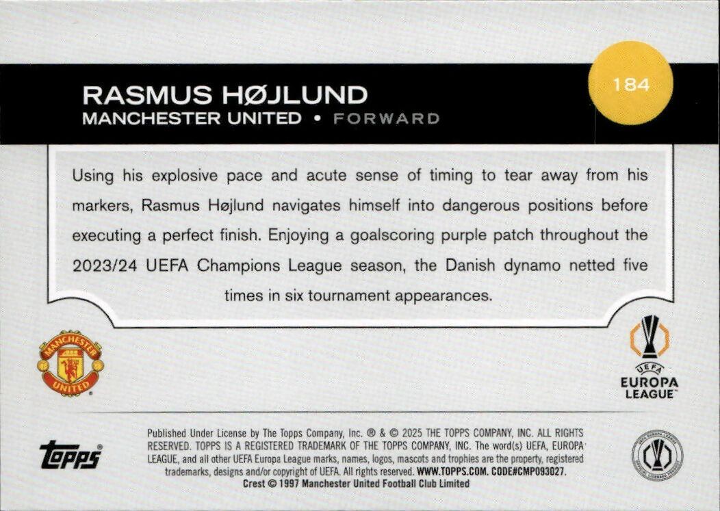 2024-25 Topps UEFA Club Competitions - Base #184 Rasmus Hojlund - Manchester United - B