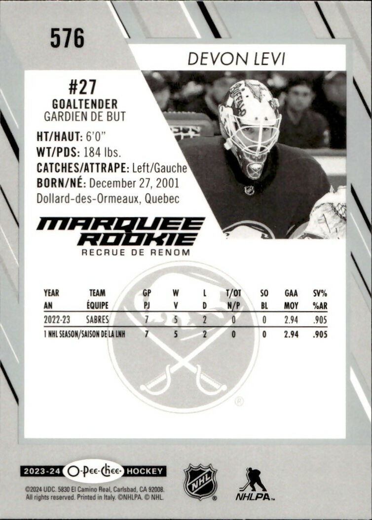 2023-24 Upper Deck O-Pee-Chee Hockey - Base - Marquee Rookies #576 Devon Levi - Buffalo Sabres - B