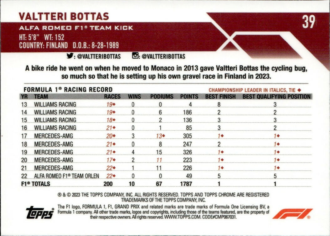 2023 Topps Chrome Formula 1 Base #39 - F1 Drivers - Refractor - Pink :75 Valtteri Bottas - Alfa Romeo F1 Team Kick - B