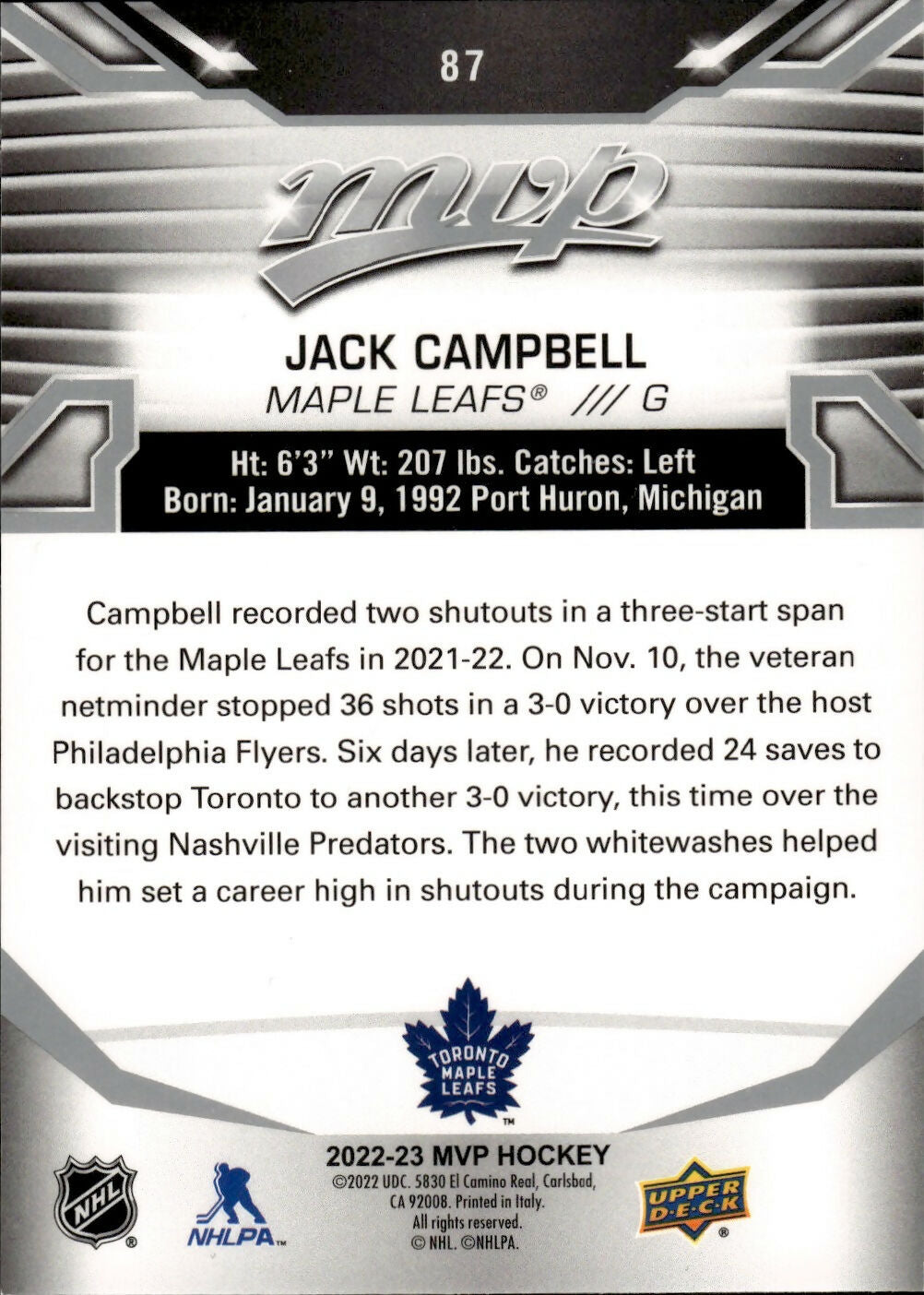 2022-23 Upper Deck MVP Hockey - Base - Silver Scripts #87 Jack Campbell - Toronto Maple Leafs