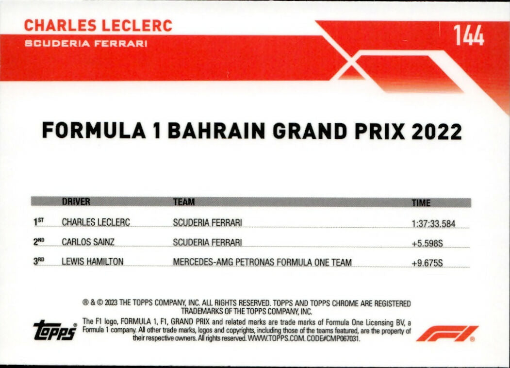 2023 Topps Chrome Formula 1 Base #144 - Grand Prix Winners Charles LeClerc - Scuderia Ferrari - B