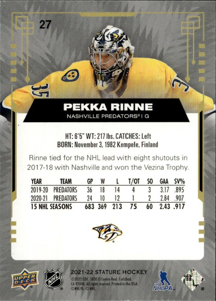 2021-22 Upper Deck Stature Hockey - Base - Green :149 #27 Pekka Rinne - Nashville Predators - B