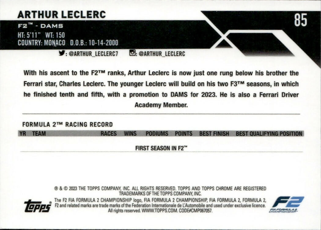 2023 Topps Chrome Formula 1 Base #85 - F2 Drivers Arthur LeClerc - F2 Dams - B