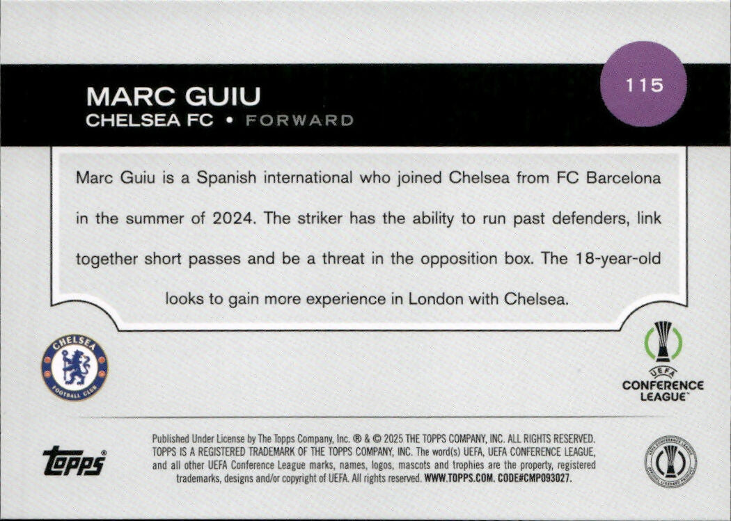 2024-25 Topps UEFA Club Competitions - Base #115 Marc Guiu - Chelsea FC - B