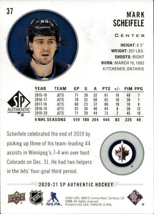 2020-21 Upper Deck Sp Authentic Hockey - Base #37 Mark Scheifele - Winnipeg Jets - B