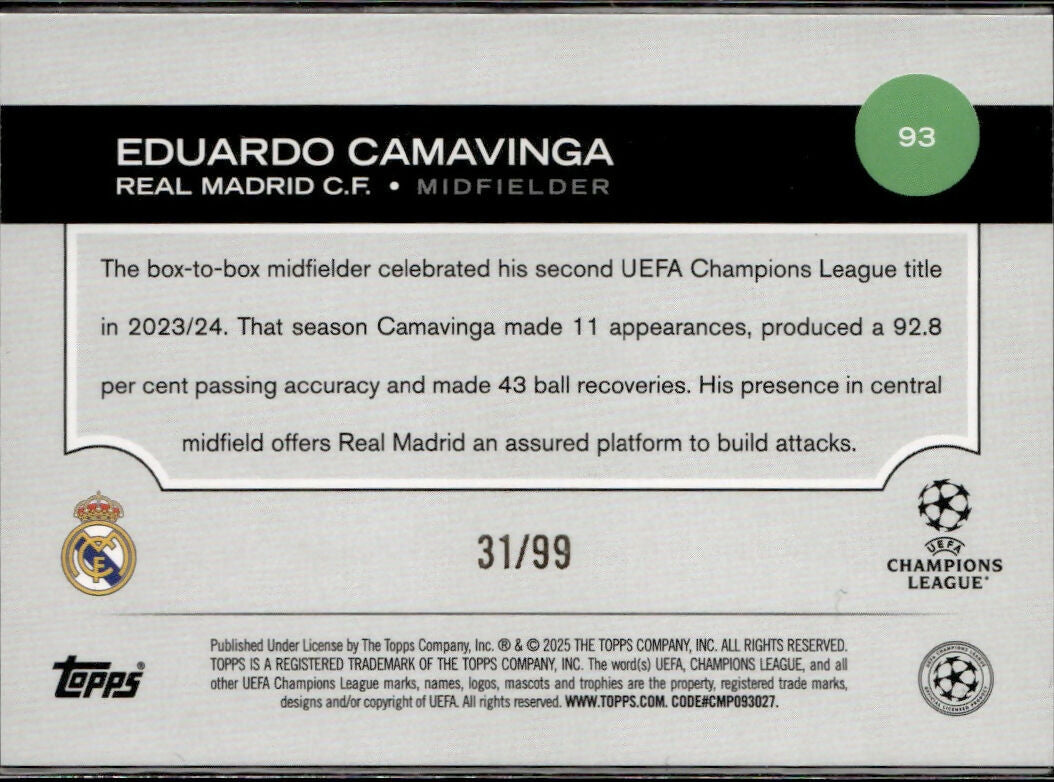 2024-25 Topps UEFA Club Competitions - Base - Green Foilboard #93 Eduardo Camavinga - Real Madrid C.F. - B