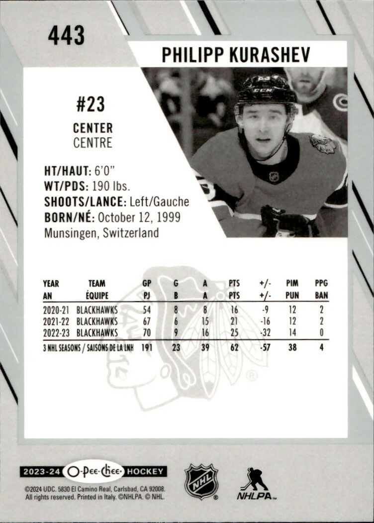 2023-24 Upper Deck O-Pee-Chee Hockey - Base #443 Philipp Kurashev - Chicago Blackhawks - B