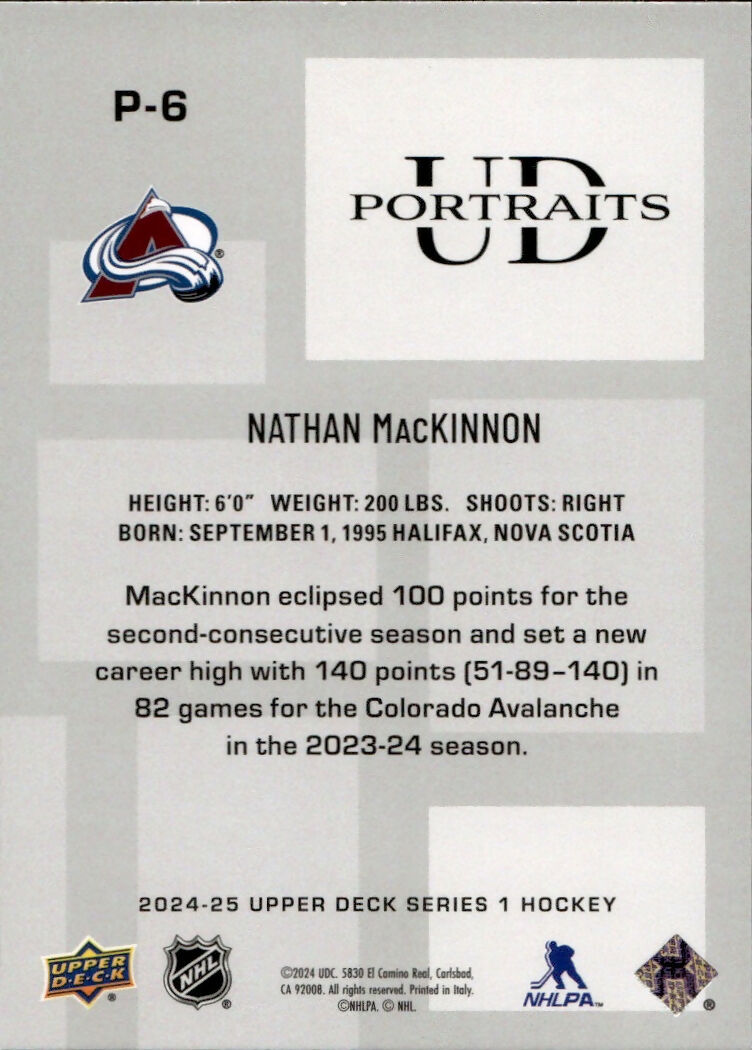 2024-25 Upper Deck Series 1 Hockey - UD Portraits #P-6 Nathan MacKinnon - Colorado Avalanche - B