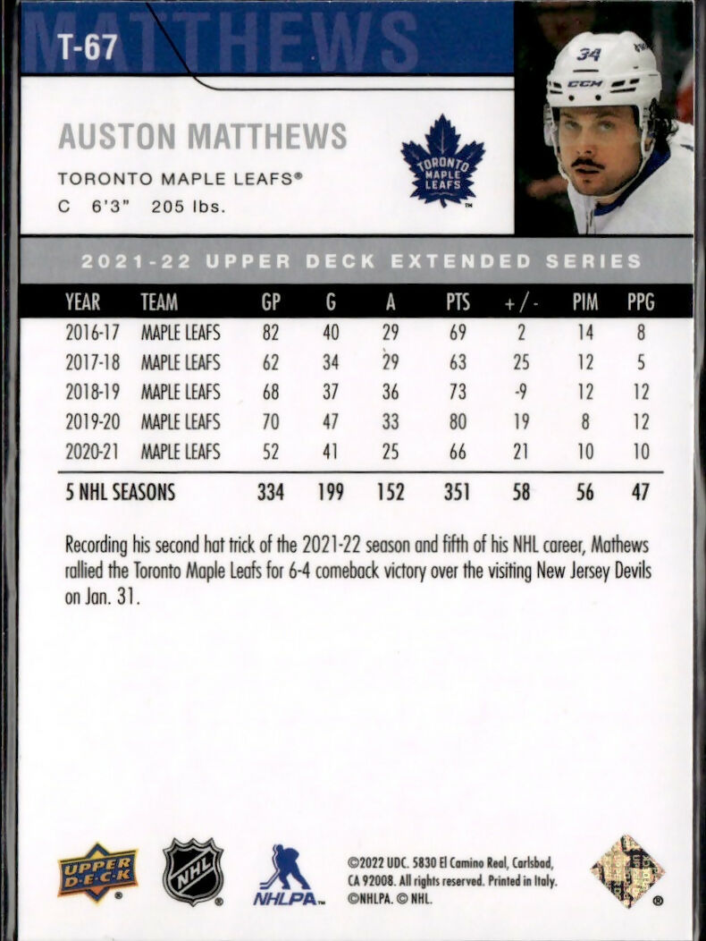 2021-22 Upper Deck Extended Series Hockey 2006-07 Upper Deck Retro #T-67 Auston Matthews Toronto Maple Leafs