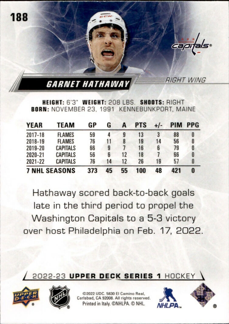 2022-23 Upper Deck Series 1 Hockey - Base #188 Garnet Hathaway - Washington Capitals - B